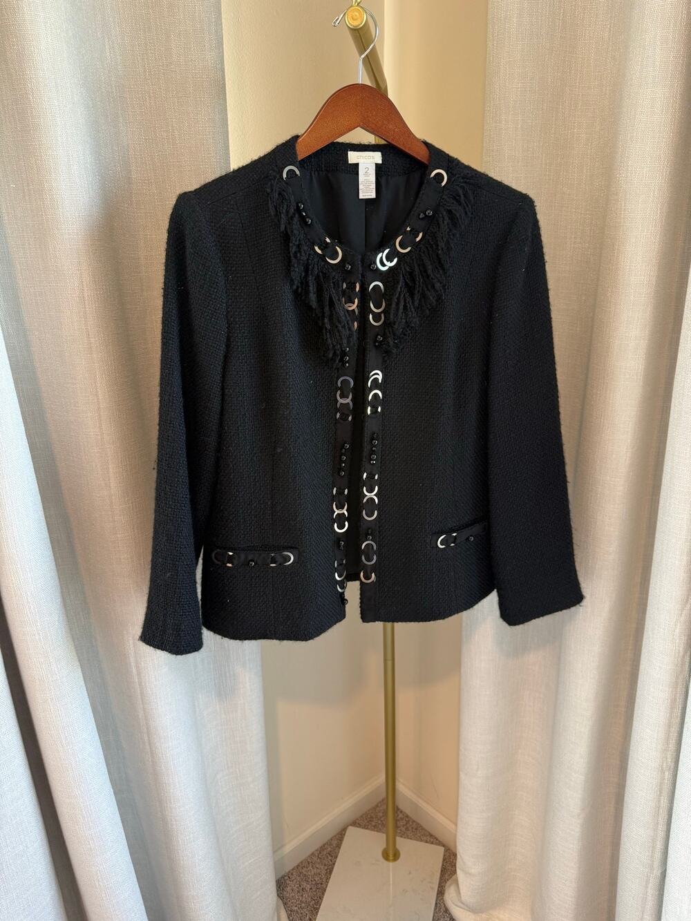 Chicos Prina Fringe Blazer Jacket Women's Large Black Boucle Classic luxury